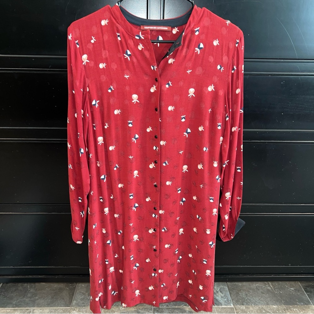 Comptoir Des Cotonniers Red Viscose Printed‎ Shirt Dress XS Button Up Valentine